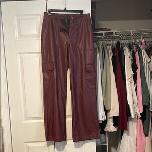 Burgundy Faux Leather Cargo Pants
